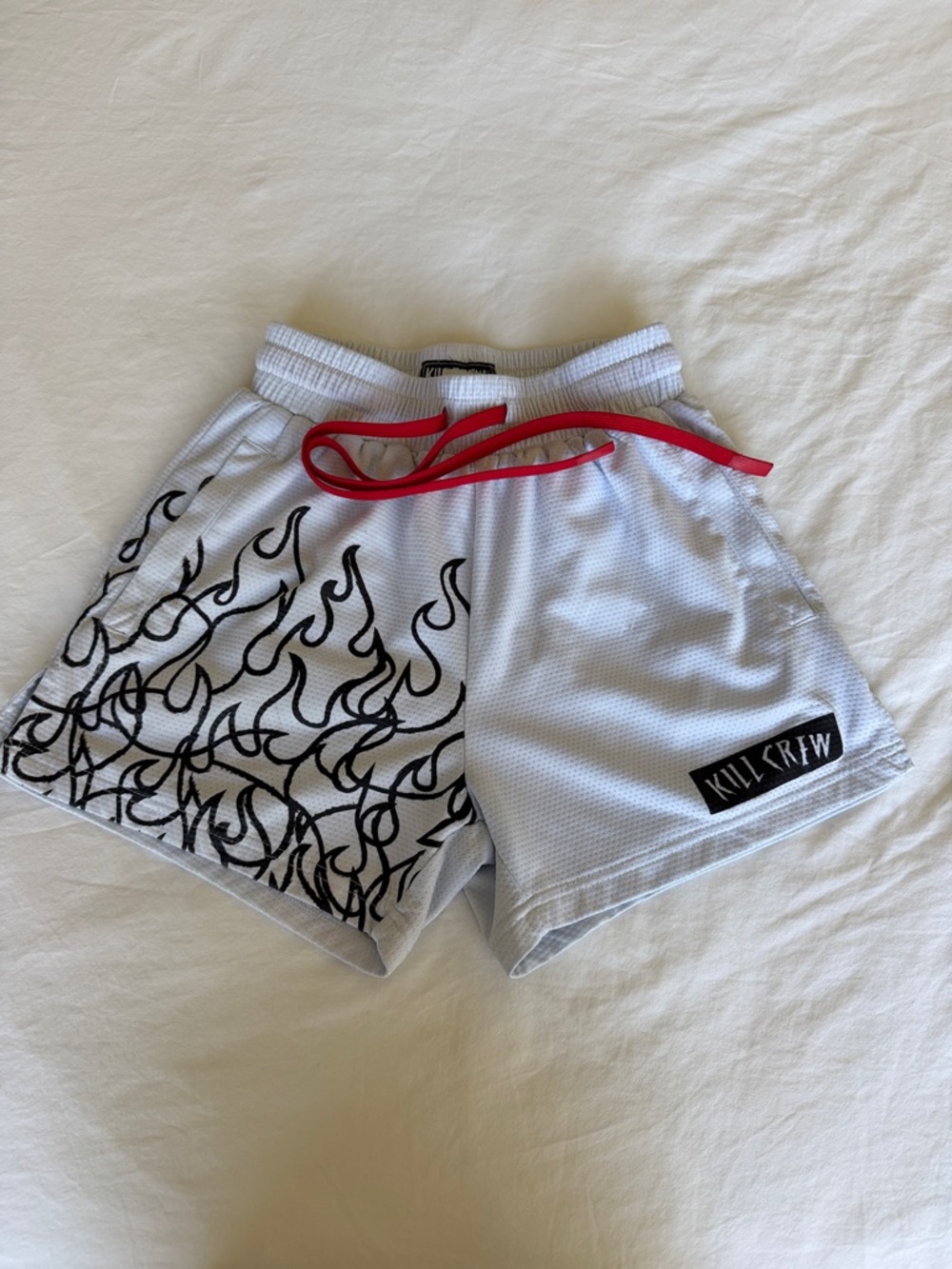 Kill Crew White Mesh Shorts with Black Flame Print and Red Drawstring